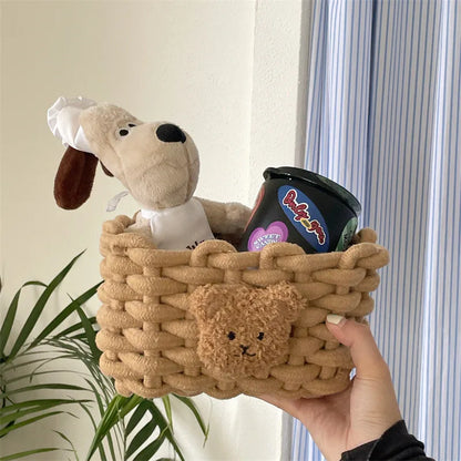 Rynx | Into Kawai Desktop Storage Basket Korea Bear Cotton Linen Woven Basket Cute Cosmetic Make-up Small Items Storage Basket Organizer Box