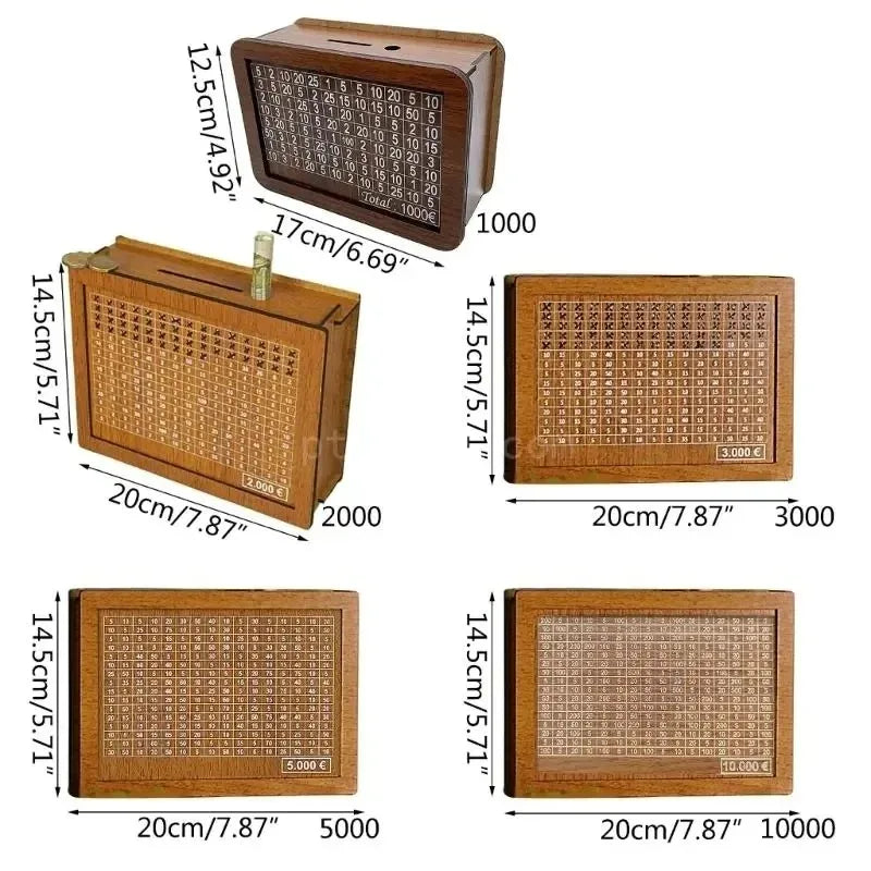 Rynx | Reusable Wooden Piggy Bank - Euro Money Box in 1000/2000/3000/5000 Sizes with Saving Goals and Number Boxes