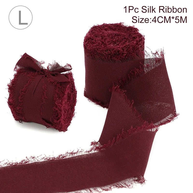 Rynx | 5M Handmade Frayed Edged Satin Chiffon Silk Ribbon - For Wedding Invitations, Bouquets, Birthday Party Decorations, and Gifts
