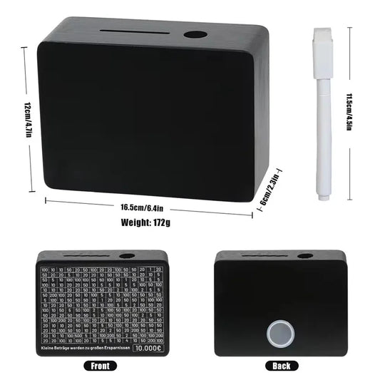 Rynx | Black Wooden Piggy Bank with Counter - Coin Bank for Saving Euros, Includes Paper Saving Goals and Numbers