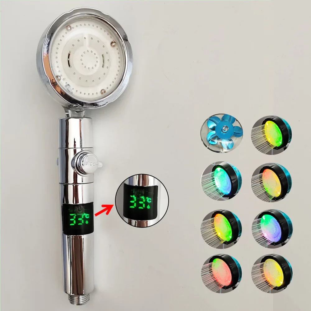 Rynx | LED Digital Temperature Display Shower Head | Black with Colorful Fan & Temperature Control | High Pressure Rainfall Bathroom Showerhead