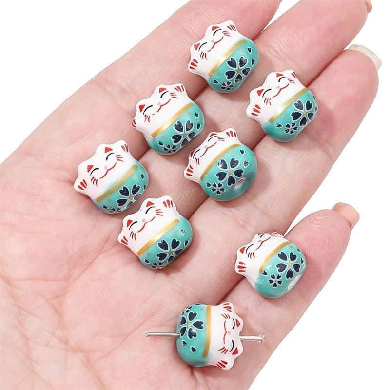 Rynx | Set of 2 Artisan 14mm Ceramic Lucky Cat Charms for Creative Jewelry Designs