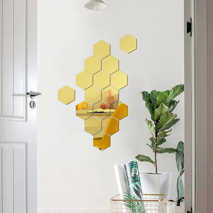 Rynx | 12PCS Geometric Solid Hexagonal Mirror Wall Stickers - DIY with Built-in Adhesive, Removable Home Decoration