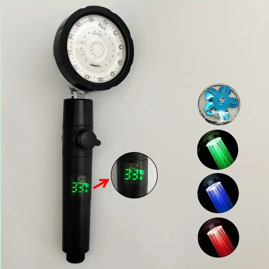 Rynx | LED Digital Temperature Display Shower Head | Black with Colorful Fan & Temperature Control | High Pressure Rainfall Bathroom Showerhead