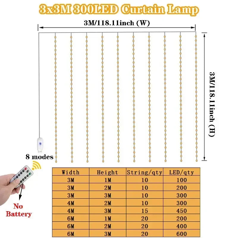 Rynx | 6/4/3M USB Curtain String Lights 8 Modes Bedroom Home Christmas Tree Garland Light Wedding Christmas Holiday Decor Fairy Lights