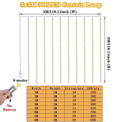 Rynx | 6/4/3M USB Curtain String Lights 8 Modes Bedroom Home Christmas Tree Garland Light Wedding Christmas Holiday Decor Fairy Lights