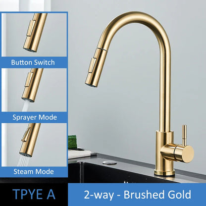 Rynx | Quyanre Brushed Gold Kitchen Faucet - Pull Out Sink Water Tap, Single Handle Mixer Tap with 360 Rotation, Kitchen Shower Faucet