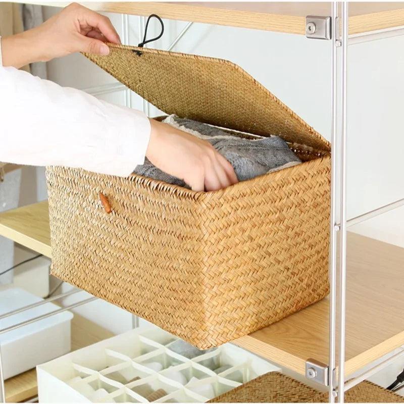 Rynx | Natural Seaweed Organizer Basket with Lid - Stylish Storage Solution for Cosmetics, Small Items, and Laundry