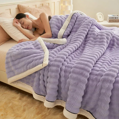 Rynx Imitation Rabbit Plush Autumn Winter Warm Blanket Striped Fluffy Warmth Sofa Blankets Soft Absorbent Breathable Nap Blanket