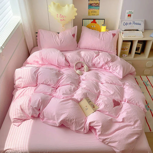 Rynx | Cute pink heart bedding set in Nordic embroidery bed sheet set of four pieces for home luxury duvet cover set for girls