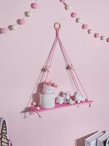 Rynx | Pink Wooden Floating Shelf – Nordic Hanging Decoration Display Stand for Girls' Kids Room Aesthetic Wall Decor