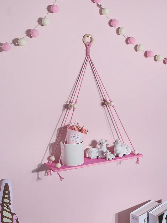 Rynx | Pink Wooden Floating Shelf – Nordic Hanging Decoration Display Stand for Girls' Kids Room Aesthetic Wall Decor