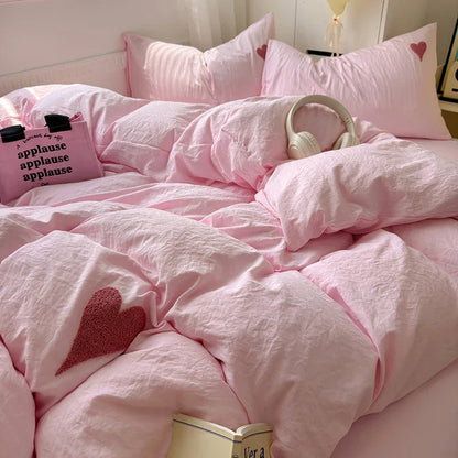 Rynx | Cute pink heart bedding set in Nordic embroidery bed sheet set of four pieces for home luxury duvet cover set for girls
