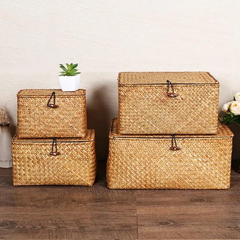 Rynx | Natural Seaweed Organizer Basket with Lid - Stylish Storage Solution for Cosmetics, Small Items, and Laundry