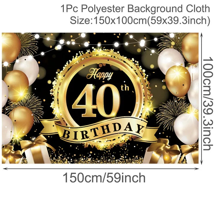 Rynx | Gold Glitter Happy Birthday Party Backdrop - Black Adult Theme Photo Decoration, DIY Backdrops for Party Supplies