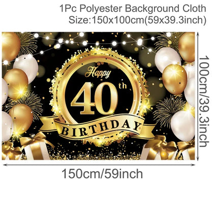 Rynx | Gold Glitter Happy Birthday Party Backdrop - Black Adult Theme Photo Decoration, DIY Backdrops for Party Supplies