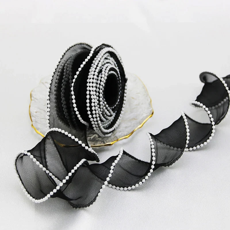 Rynx | (5 Yards/Roll) 4 cm Pearl Edge Organza Ribbon Wave Silk Lace Children Hair Accessories Lolita Handmade Decorative Gift Box Wedding
