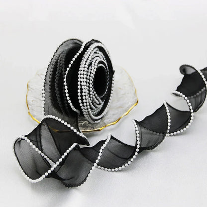 Rynx | (5 Yards/Roll) 4 cm Pearl Edge Organza Ribbon Wave Silk Lace Children Hair Accessories Lolita Handmade Decorative Gift Box Wedding