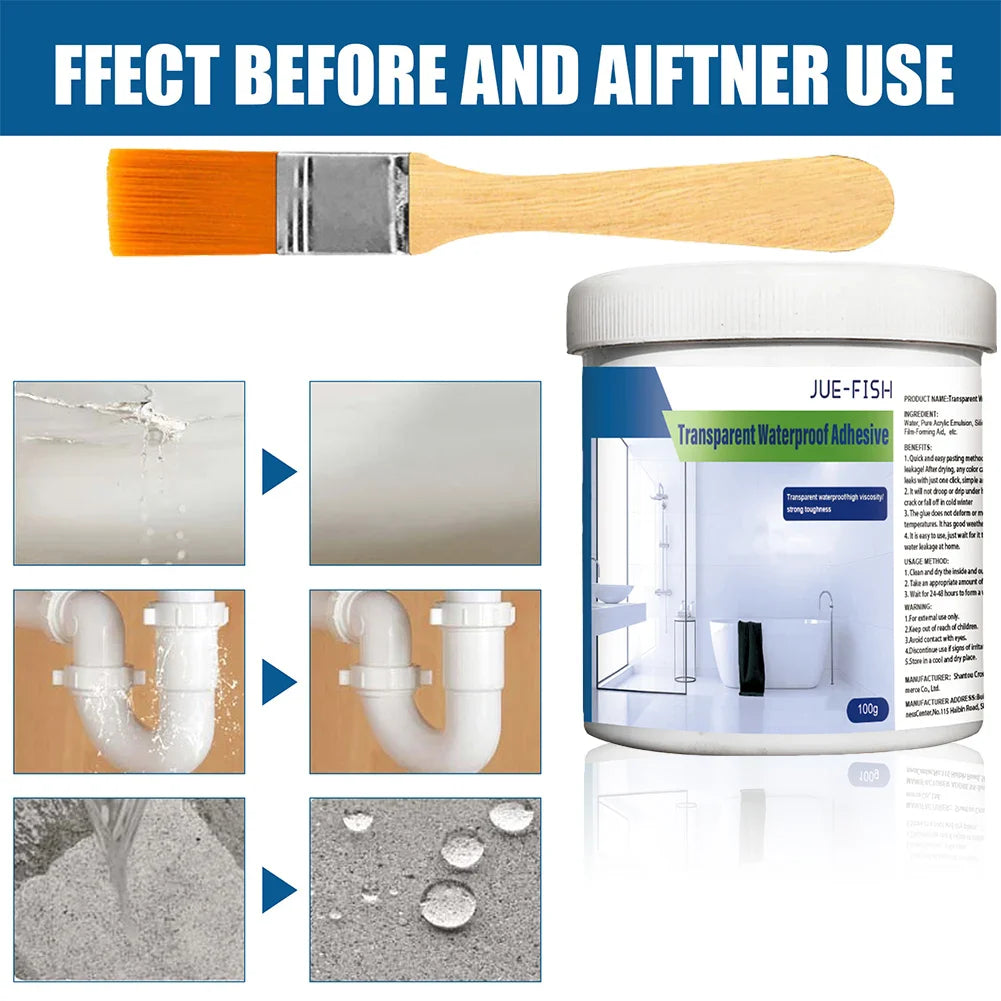 Rynx | 300g Waterproof Coating Sealant - Transparent Invisible Paste Glue with Brush, Adhesive Repair for Home Roof and Bathroom