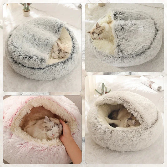 Rynx | Long Plush Cat Bed Round Cat Pillow Cat House 2 in 1 Warm Cat Basket Cat Sleeping Bag Cat Nest Kennel for Small Dog Cat