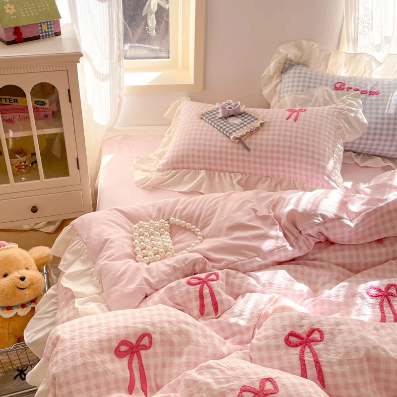 Rynx | Prinzessinnen Bettwäsche Set Spitze Schleife Rosa Karomuster 4-teilig Bettdecke Bezug Blatt und Kissenbezug Soft Romantisch Für Mädchen