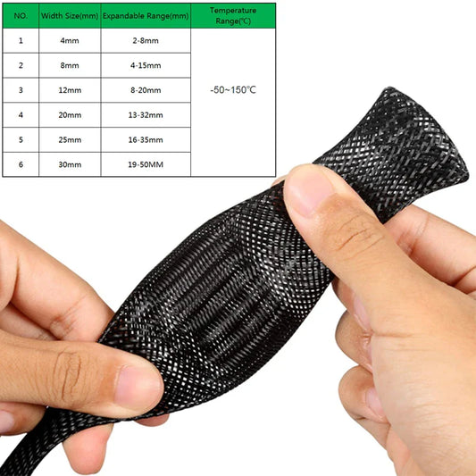 Rynx | 10M Black Insulated Braid Sleeving - PET Wire Cable Protection Sleeve, Flame-Retardant Nylon Tube - 4-30mm Tight Cable Gland