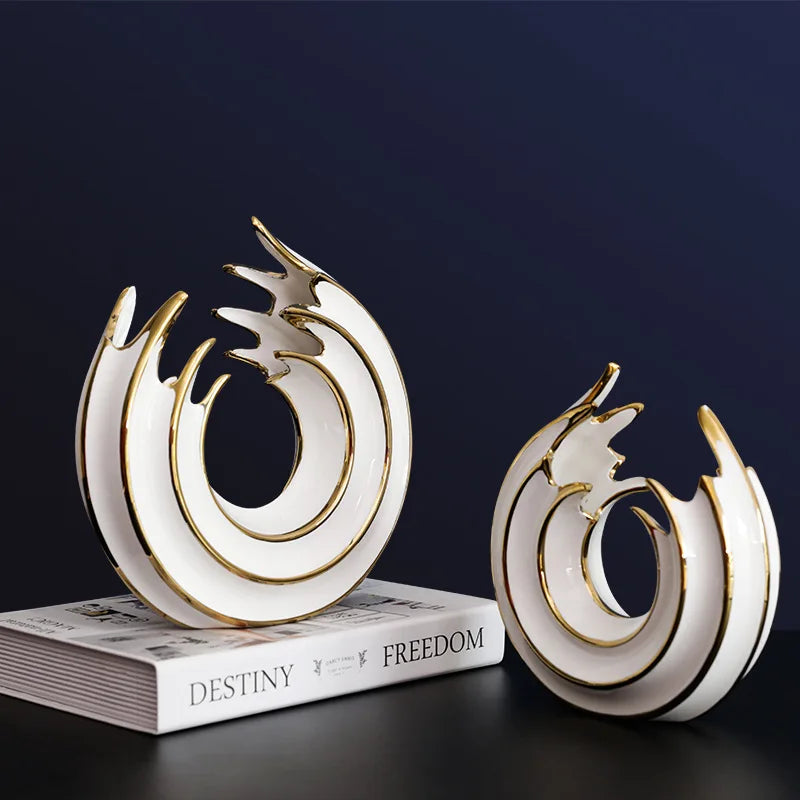 Rynx | Aurivella Grace Vase | White & Gold | Wave Shape Porcelain | Elegant Table Decoration for Home Decor & Flower Arrangement