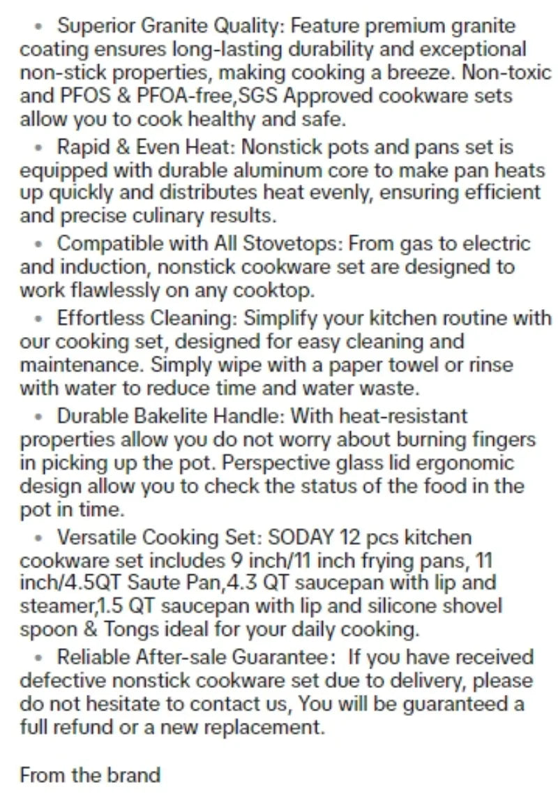 Rynx | SODAY 12 Piece Granite Nonstick Cookware Set - Induction Compatible Kitchen Pots and Pans