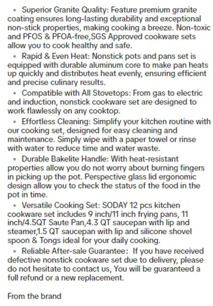 Rynx | SODAY 12 Piece Granite Nonstick Cookware Set - Induction Compatible Kitchen Pots and Pans
