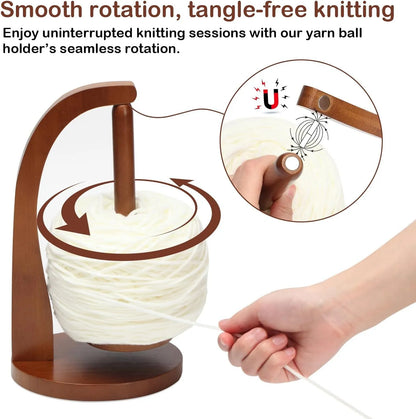 Rynx | 360° Rotation Wooden Yarn Holder: Spinning Knitting Tools - Crochet Holder with Rotating Magnetic Thread Spool, Wool Ball Winder
