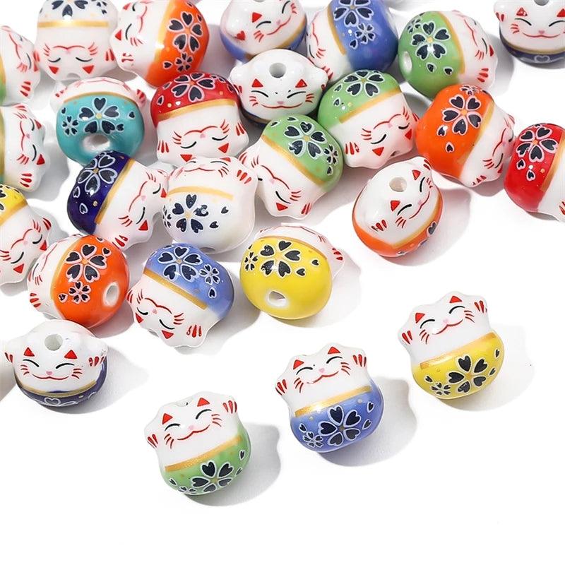 Rynx | Set of 2 Artisan 14mm Ceramic Lucky Cat Charms for Creative Jewelry Designs