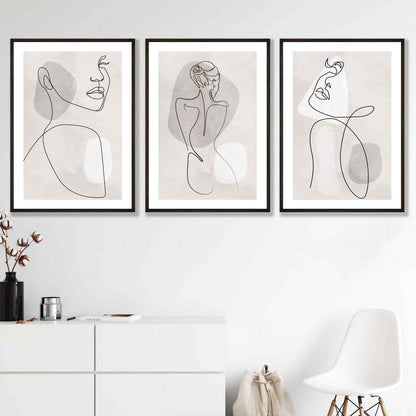 Rynx | Gray & Beige Abstract Minimal Line Art Female Set of 3 Art Prints