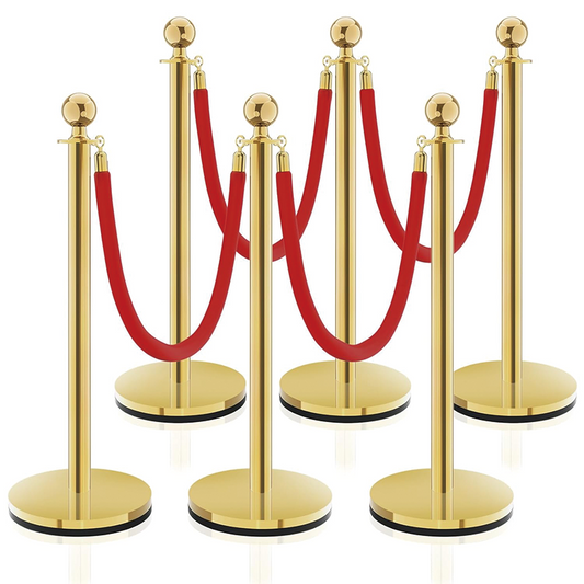 Rynx | 6PCS Gold Stanchion Post, 5 ft Red Velvet Rope Red Carpet Ropes Stainless Steel Gold Stanchions for Theaters, Parties, Wedding, Exhibition
