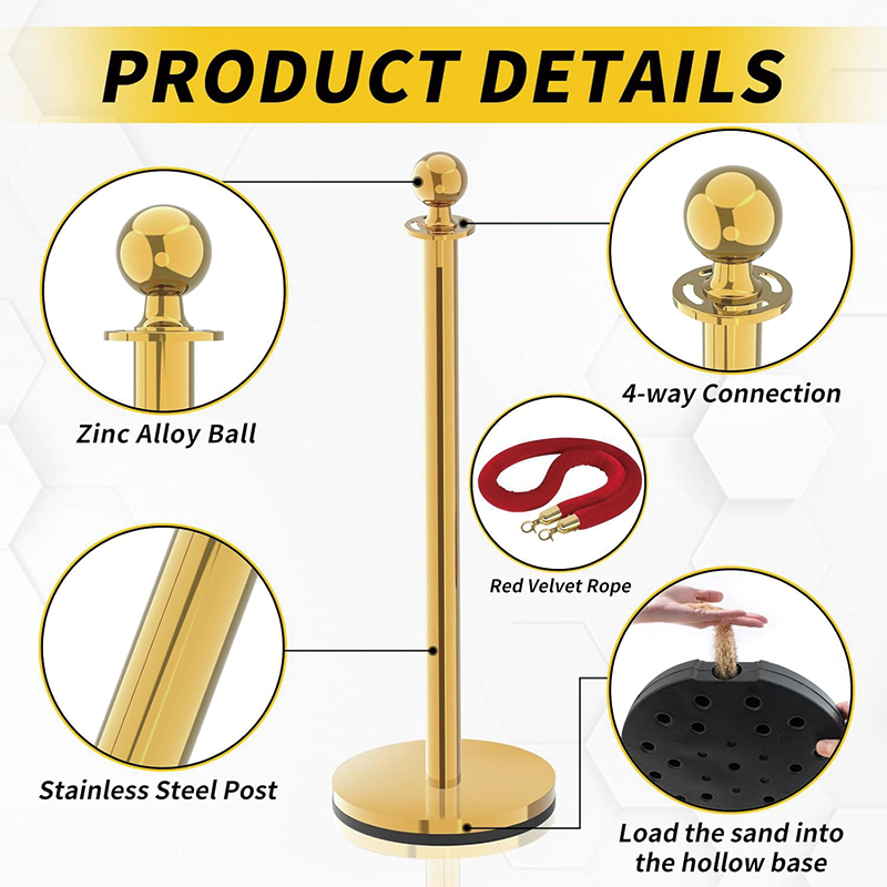 Rynx | 6PCS Gold Stanchion Post, 5 ft Red Velvet Rope Red Carpet Ropes Stainless Steel Gold Stanchions for Theaters, Parties, Wedding, Exhibition