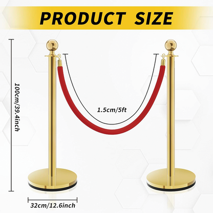 Rynx | 6PCS Gold Stanchion Post, 5 ft Red Velvet Rope Red Carpet Ropes Stainless Steel Gold Stanchions for Theaters, Parties, Wedding, Exhibition