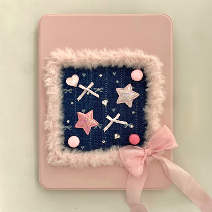 Rynx | Pink Heart & Star Patchwork iPad Case with Stand – Sweet Denim Bow Design for iPad