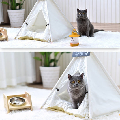 Rynx | Removable and Washable Canvas Fabric Pet Nest Pet Tent, Size:50x50x60 cm, Style:Spiked Lace (with Pad)