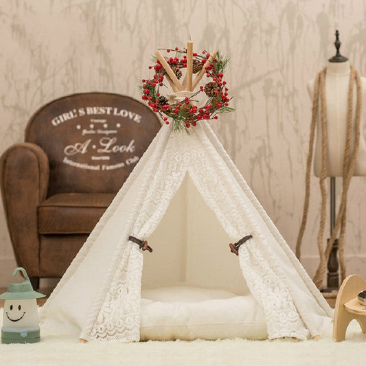 Rynx | Removable and Washable Canvas Fabric Pet Nest Pet Tent, Size:60x60x70cm, Style:Spiked Lace (with Pad)