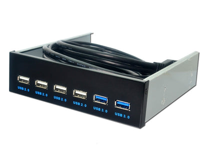 Rynx | 6 Ports 5.25 Inch Floppy Bay Frontpanel with Power Adapter USB Hub Splitter 2 Ports USB 3.0 + 4 Ports USB 2.0