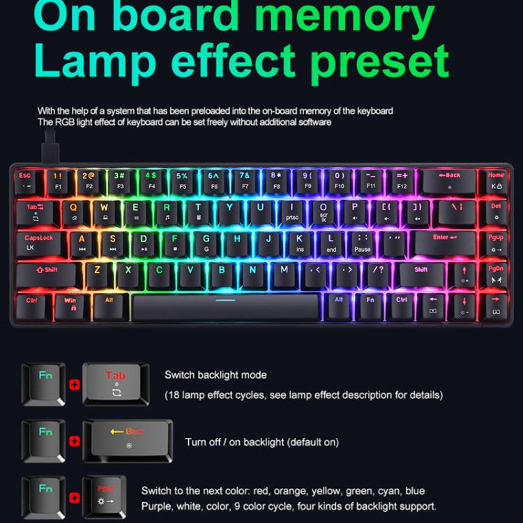 Rynx | T8 68 Key Mechanical Gaming Keyboard RGB Backlit Wired Keyboard, Cable Length: 1.6m (Black Tea Shaft)