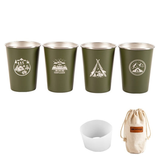 Rynx | 4 PCS / Set Outdoor Picnic Stainless Steel Cup With Storage Bag+Silicone Holder (Army Green)