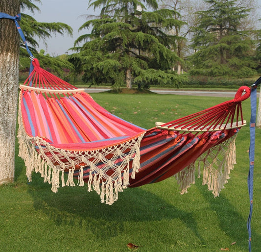 Rynx | 200x150cm Double Outdoor Camping Tassel Canvas Hammock with Stick(Pink Stripes)