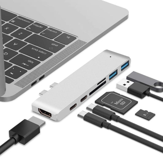 Rynx | 7 In 1 100W USB 3.1 To 20VPD+Card Reader Data+HUB+HDMI 4K Converter(Silver)
