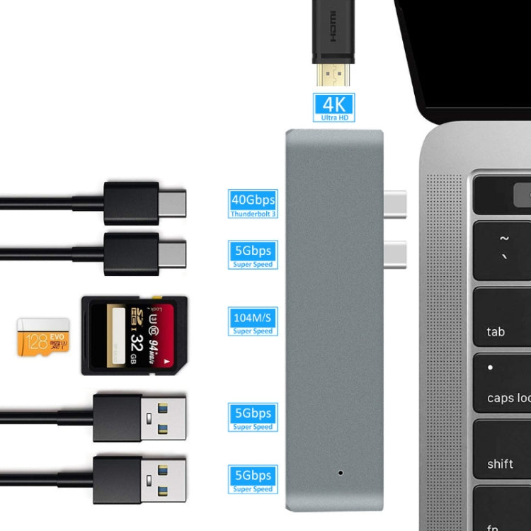Rynx | 7 In 1 100W USB 3.1 To 20VPD+Card Reader Data+HUB+HDMI 4K Converter(Silver)