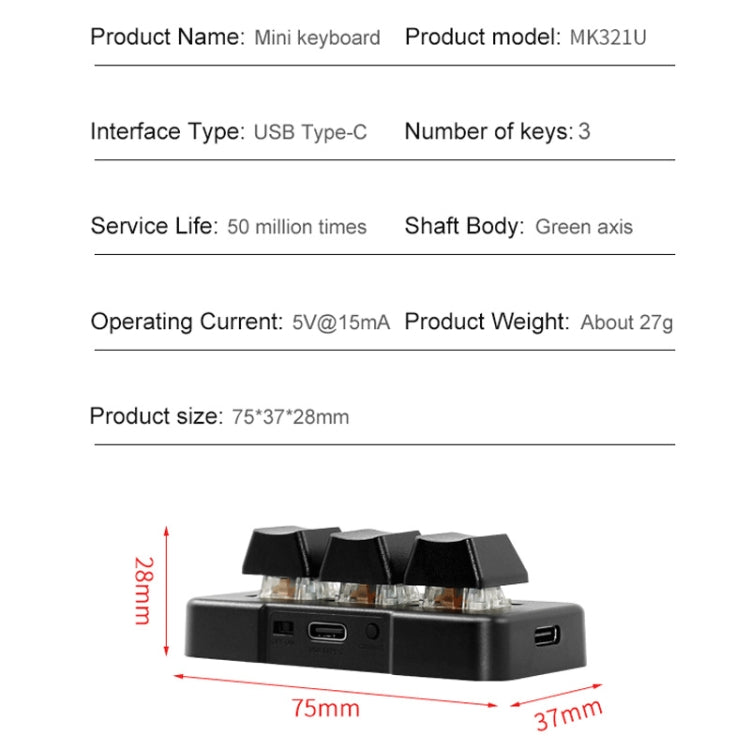Rynx | MK321 3 Keys Customizable Key Gaming Office PS Clip Macro Programming Keyboard, Cable Length: 1.5 m (Black)