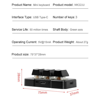 Rynx | MK321 3 Key Custom Keys Gaming Office PS Clip Macro Programming Keyboard, Cable Length: 1.5 m (White)