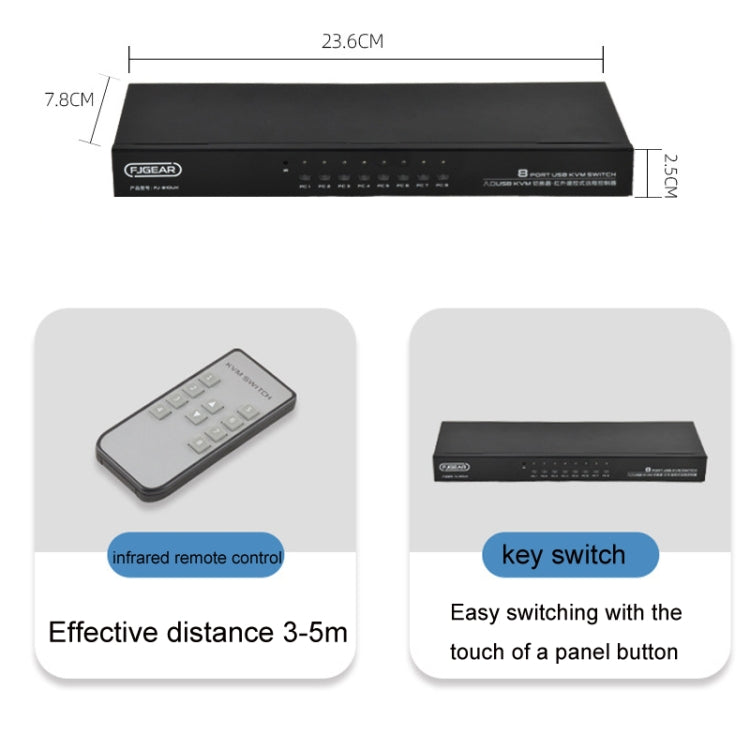 Rynx | FJGEAR FJ-810UK 8 In 1 Out Computer Host VGA To KVM Switch With Desktop Switch, EU Plug (Black)