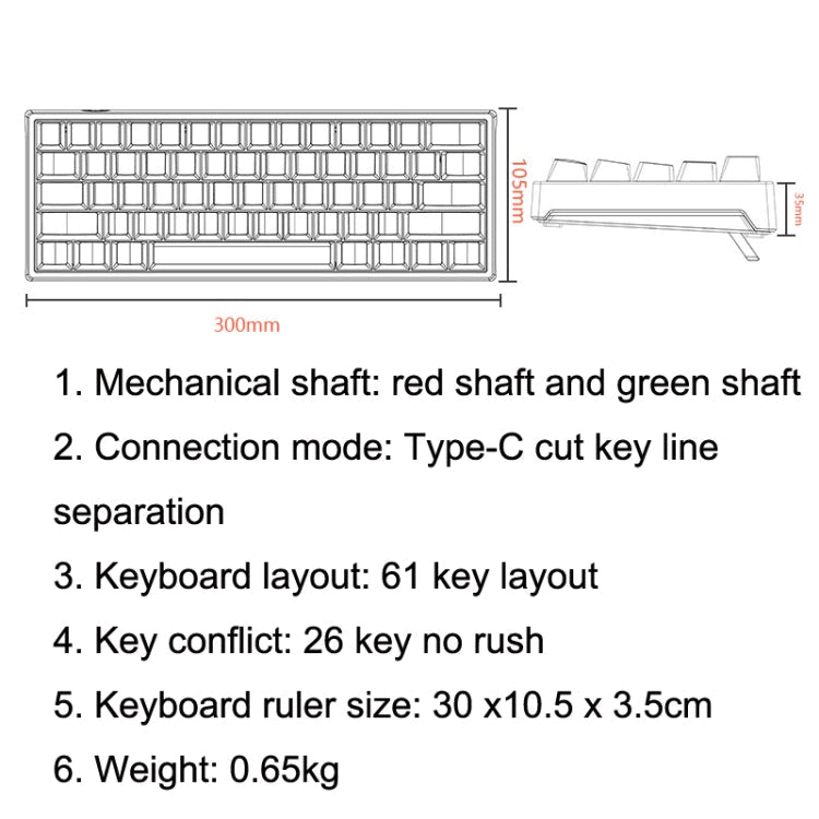 Rynx | LEAVEN K620 61 Keys Hot Plug-in Glowing Game Wireless Mechanical Keyboard, Cable Length: 1.8 m, Color: Black White Green Shaft