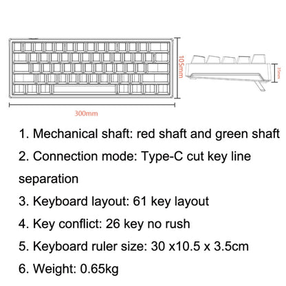 Rynx | LEAVEN K620 61 Keys Hot Plug-in Glowing Game Wireless Mechanical Keyboard, Cable Length: 1.8 m, Color: Black White Green Shaft