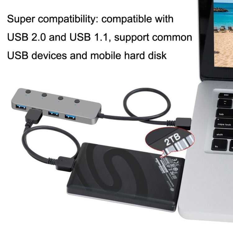 Rynx | HS0059 Independent Switch USB 3.0 4 Ports Expansion Type-C / USB-C Aluminum Alloy HUB, Cable Length: 30cm